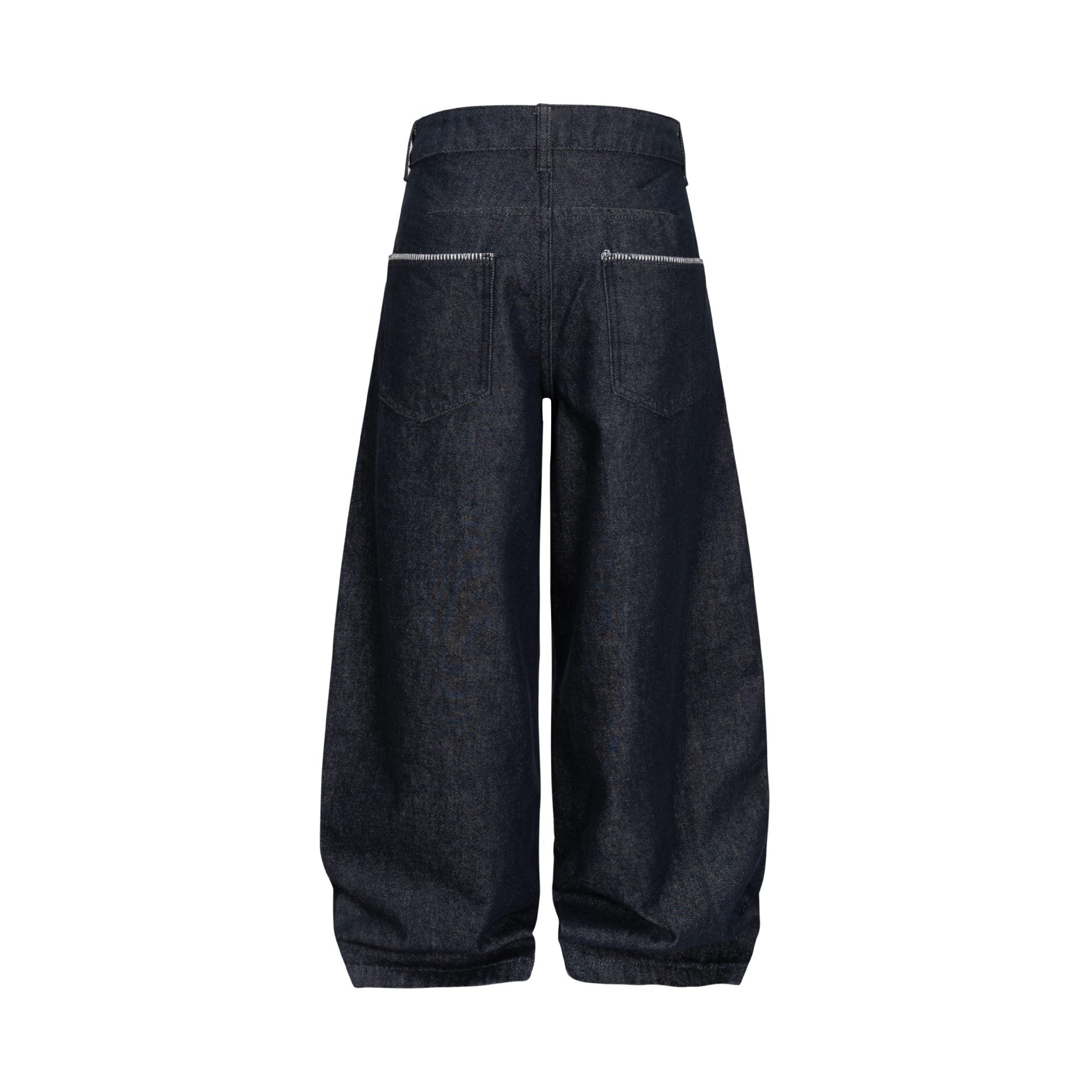 Women's wide denim culotte-style trousers with a high waist and elastic hem.