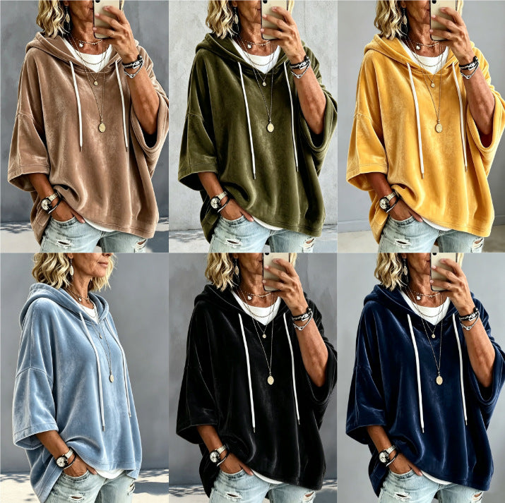 Women's Short Sleeved Oversized Velvet Hoodie with Drawstring Chichicherry