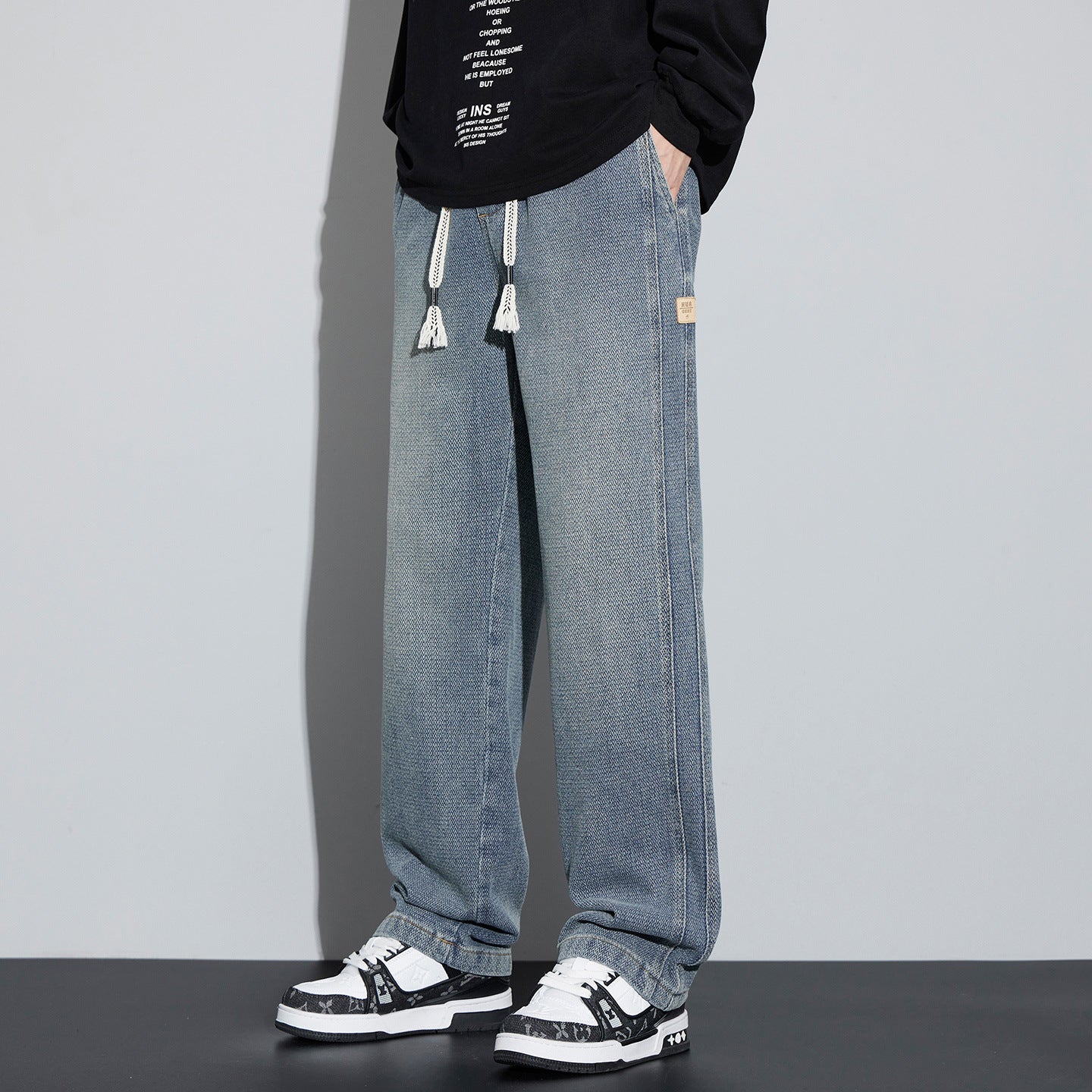 Men's Wide Denim Jogging Pants with Woven Drawstring and Herringbone Texture Chichicherry