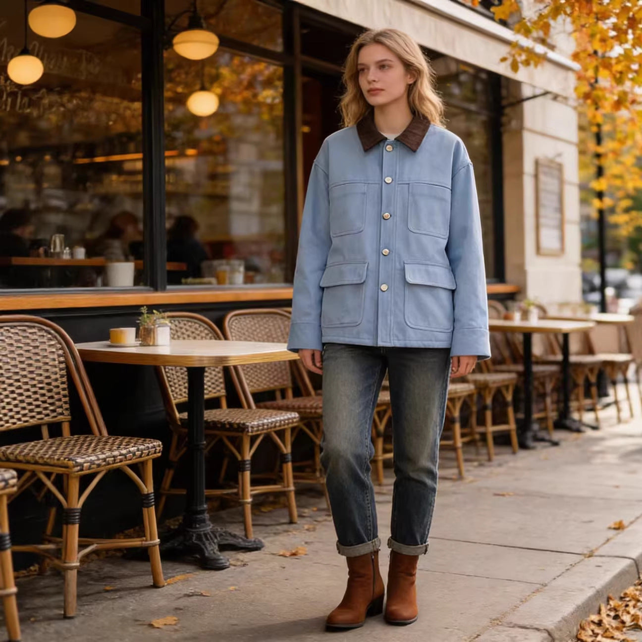 Women's Boxy Work Jacket with Cord Collar and Four Patch Pockets Chichicherry