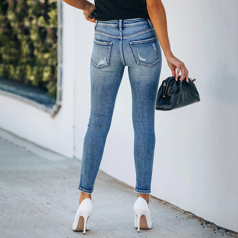 Women's High-Waisted Skinny Jeans with Button Closure and Stretch Chichicherry
