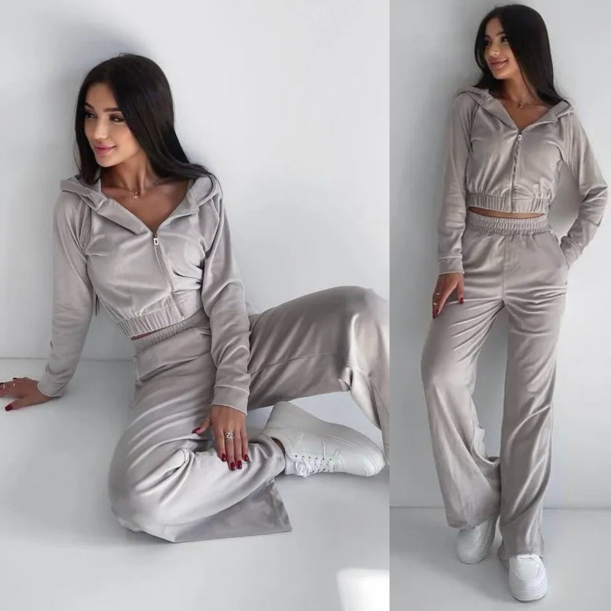 Damen Cropped Velours-Loungewear-Set mit Reißverschluss, Kapuze und High-Waist Jogpant Chichicherry