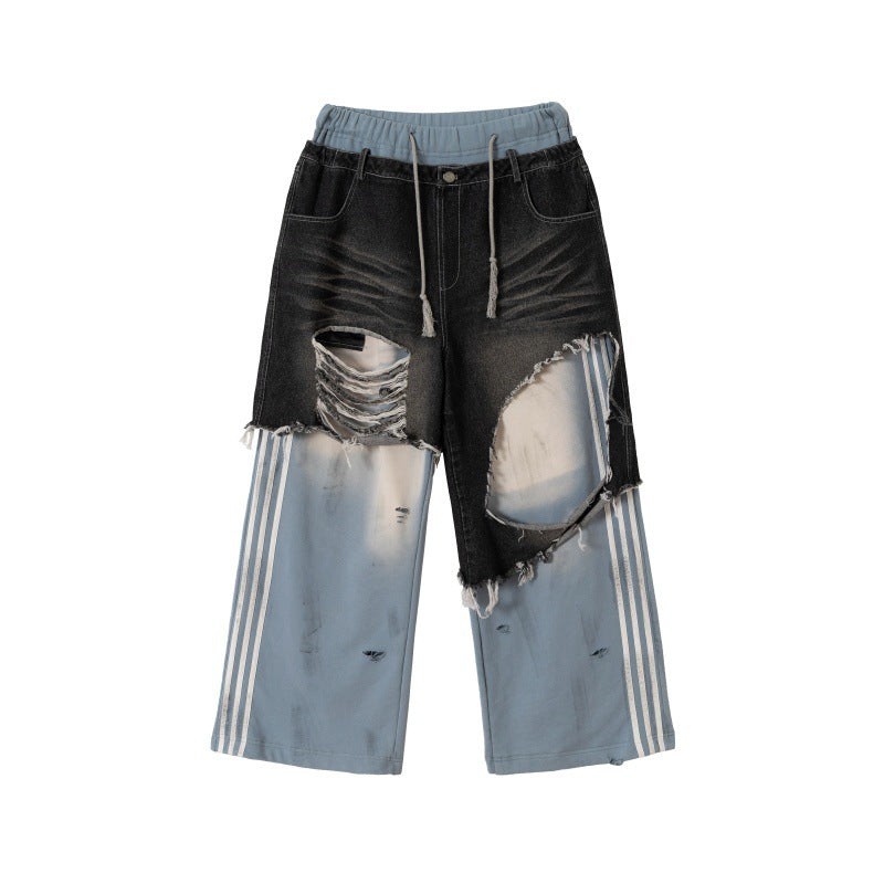 Unisex Patchwork Jeans Hybrid Pants in Oversized Cut with elastic waistband, destroy effects, and wide leg Chichicherry