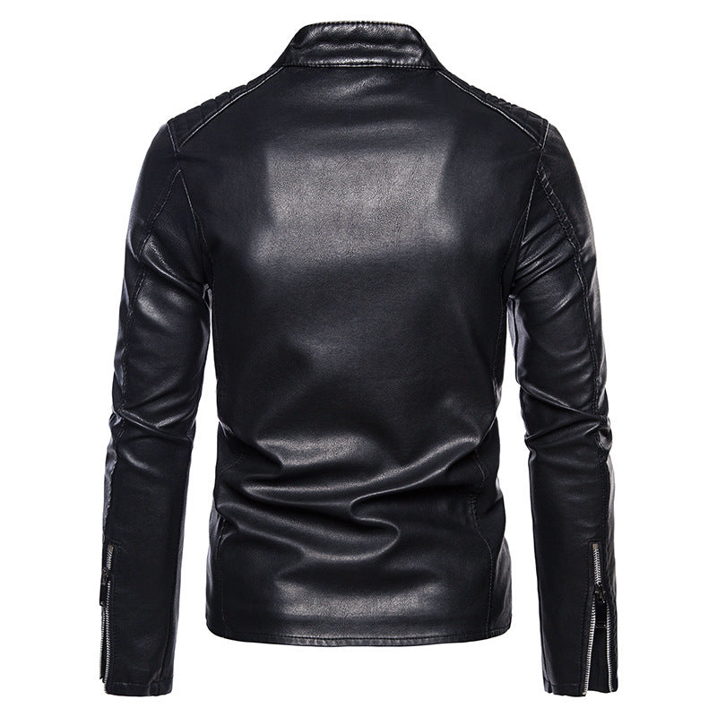 Men's Slim-Fit Faux Leather Moto Jacket in Aviator Minimal Style with Stand-Up Collar and Zipper Pockets Chichicherry