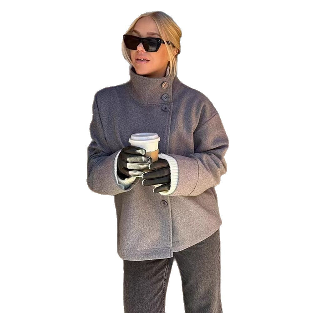 Women's short cut boxy jacket with stand-up collar and asymmetrical button placket Chichicherry