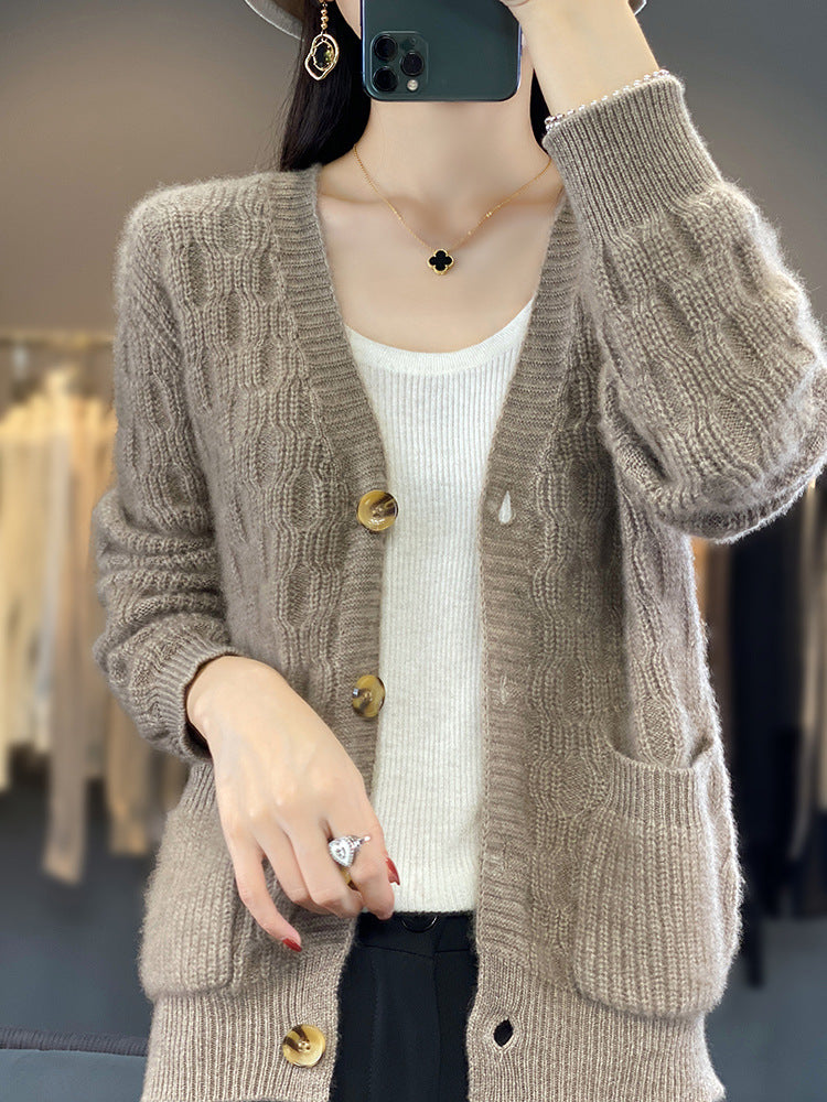 Women's Soft Angora-Look Cable Knit Cardigan with V-Neck and Patch Pockets Chichicherry