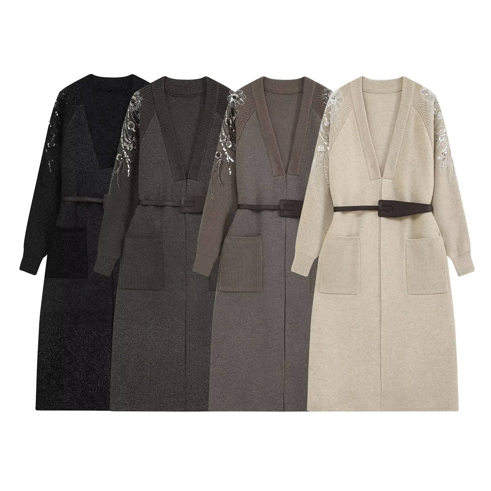 Women's Long Knitted Coat with Waist Belt and Embroidered Sleeves Chichicherry