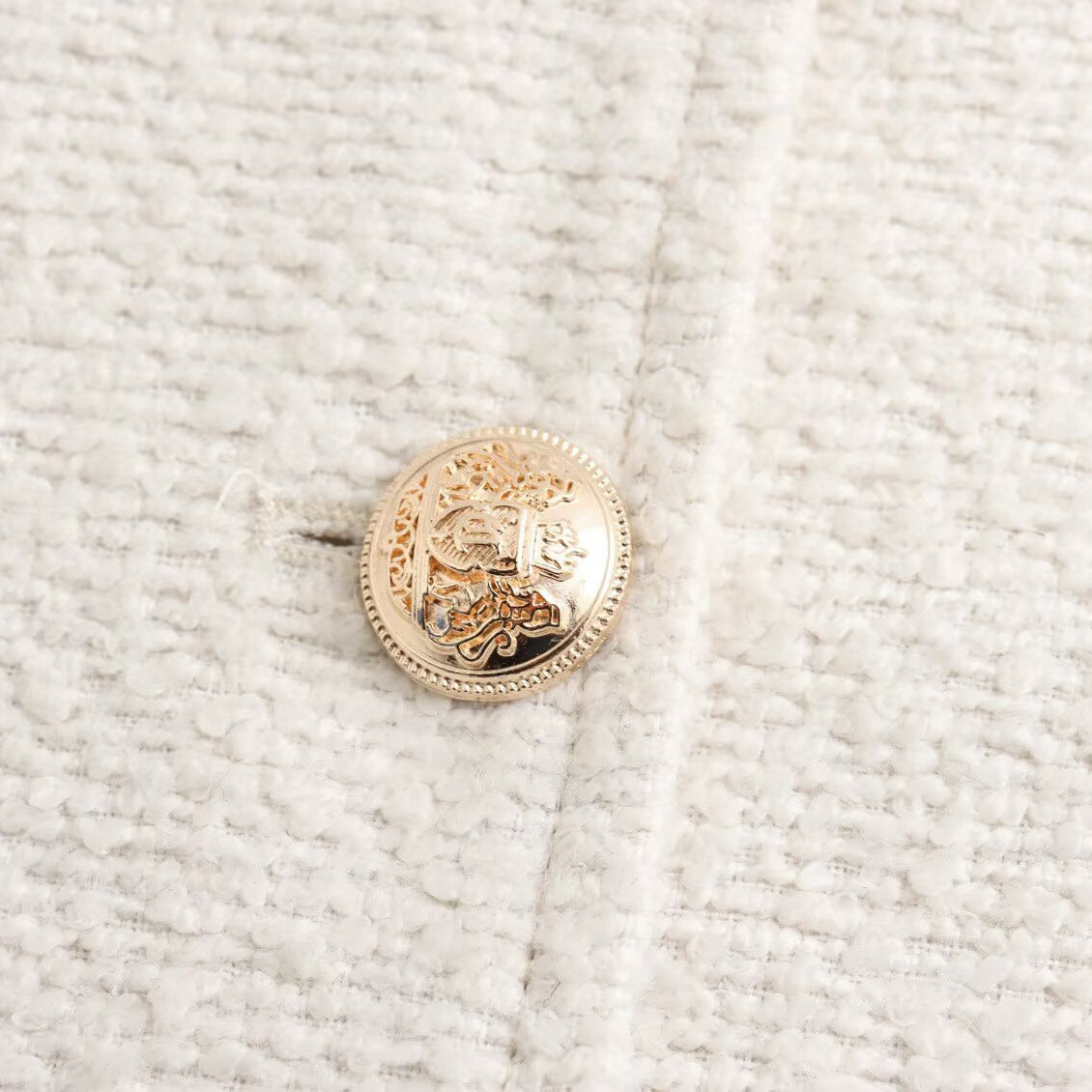 Women's Boxy Boucle Jacket with Round Neckline, Decorative Button Placket and Flap Pockets Chichicherry