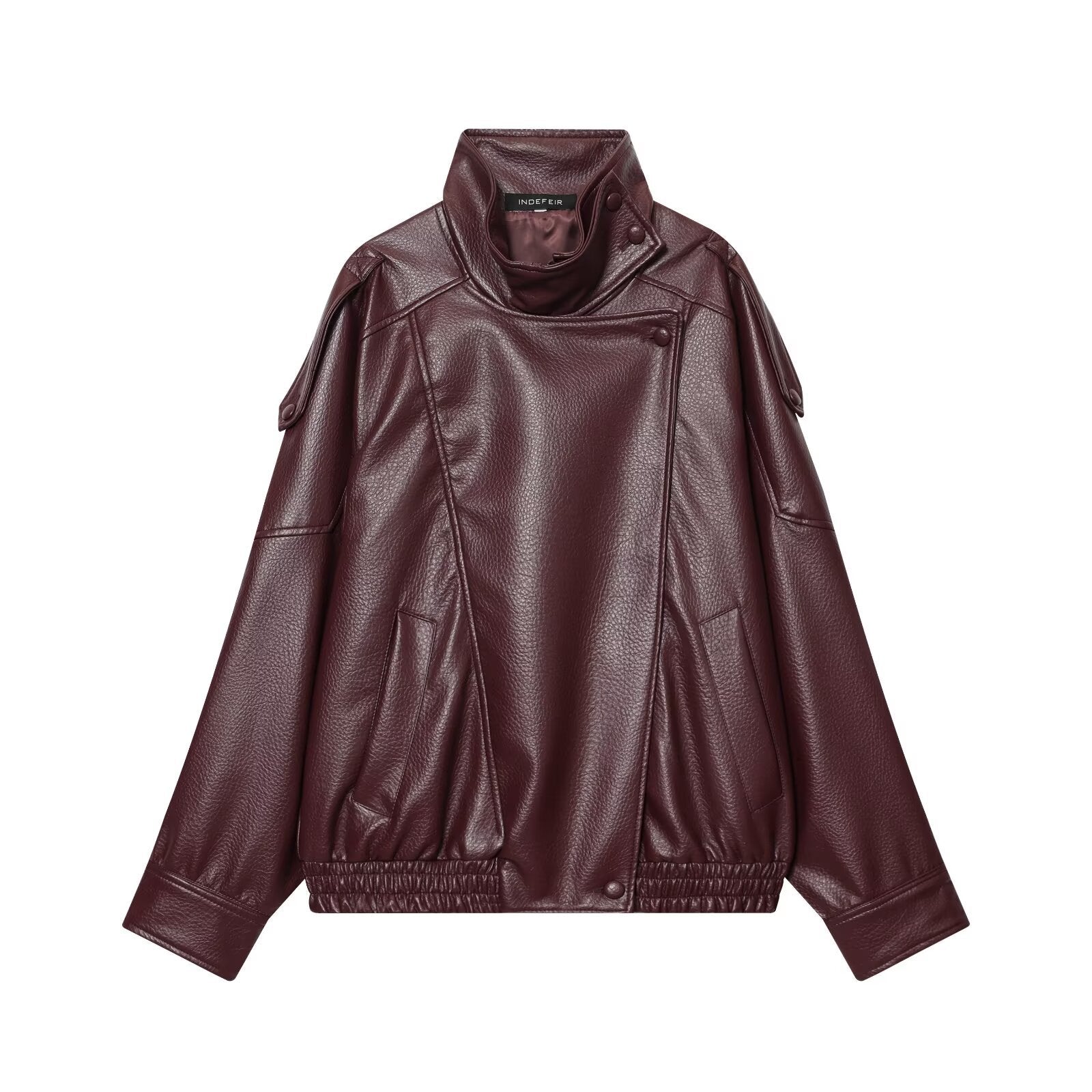 Ladies short-cut faux leather pilot jacket with high stand-up collar and shoulder straps Chichicherry