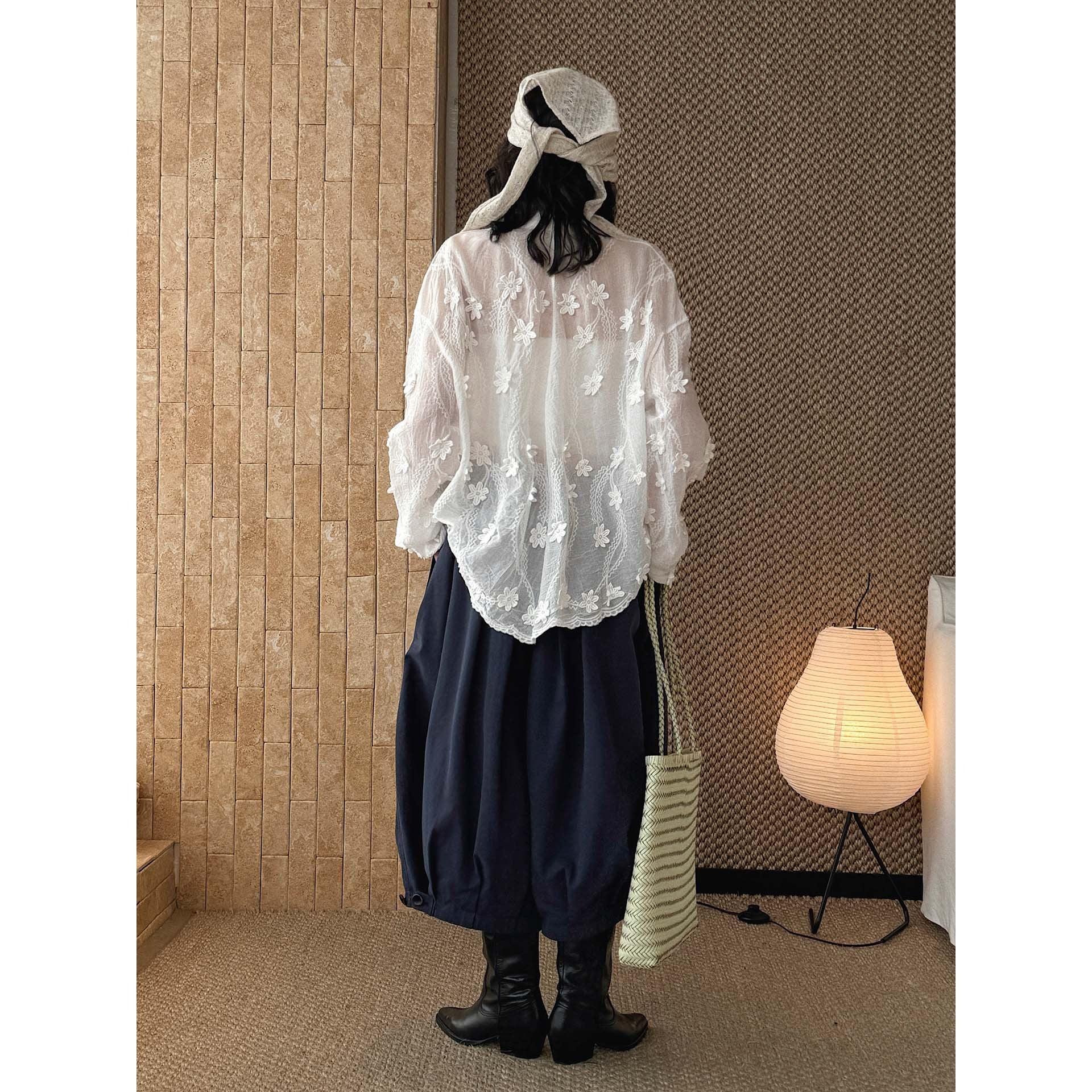 Women's Transparent Blouse with 3D Flower Embroidery, Shirt Collar and Button Placket Chichicherry