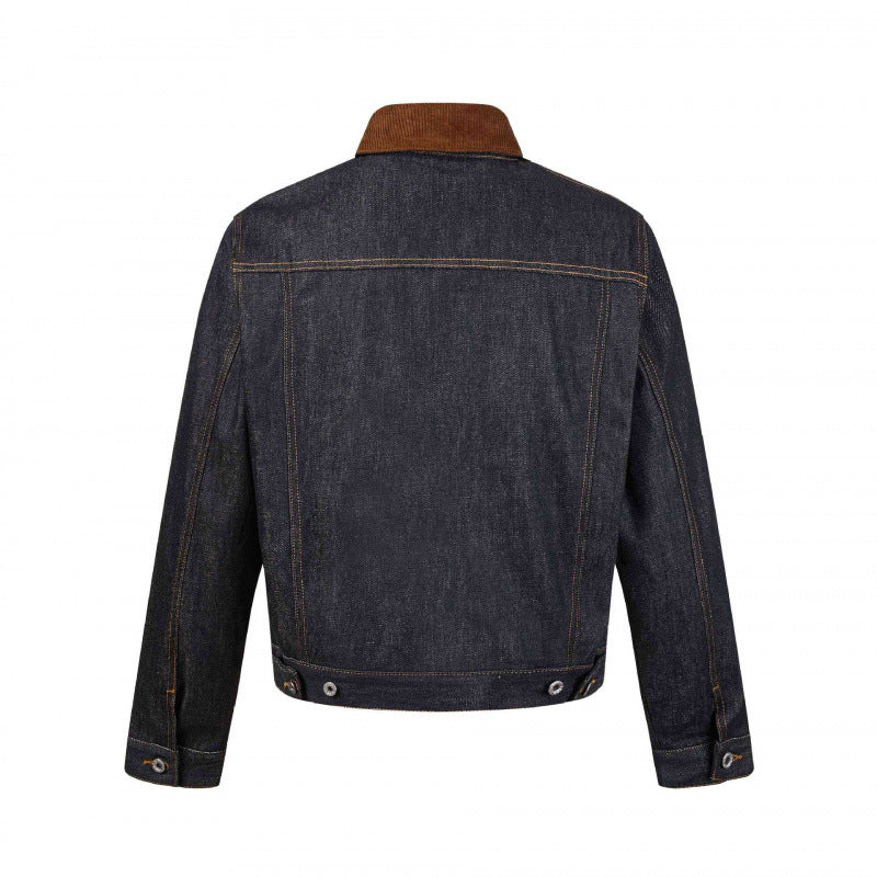 Men's Boxy Denim Jacket with Corduroy Collar and Checked Lining Chichicherry
