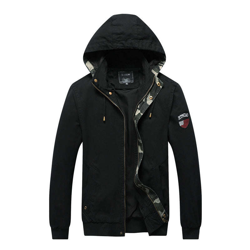 Men's Hooded Canvas Jacket in Military Utility Style with Camouflage Cuff and Ribbed Hem Chichicherry