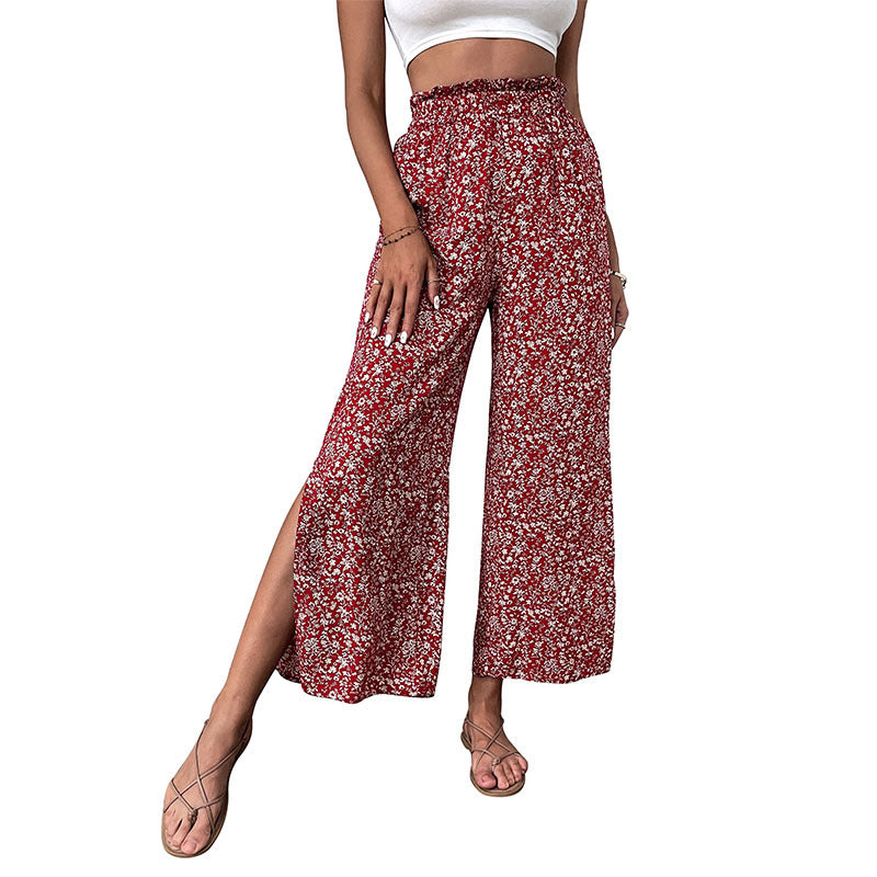 Women's wide high-cut palazzo pants with floral pattern and side leg slit Chichicherry