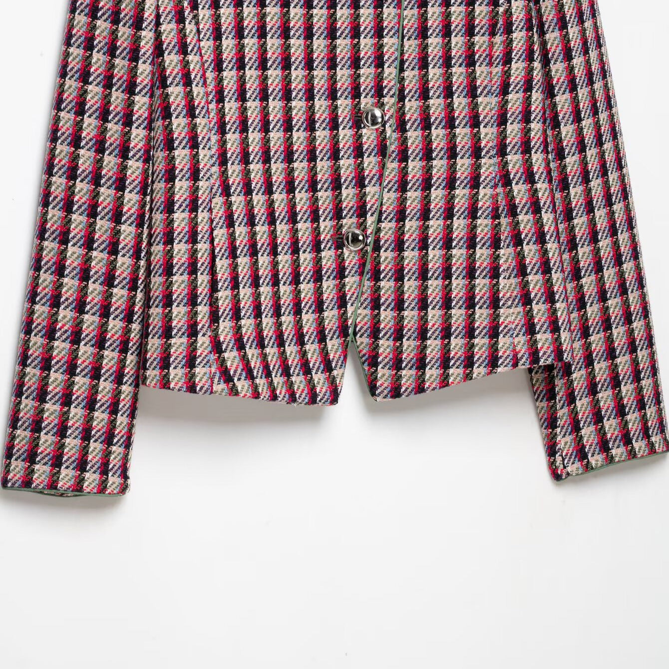 Women Short Blazer Jacket in Boucle Tweed with Stand Collar and Shoulder Pads Chichicherry