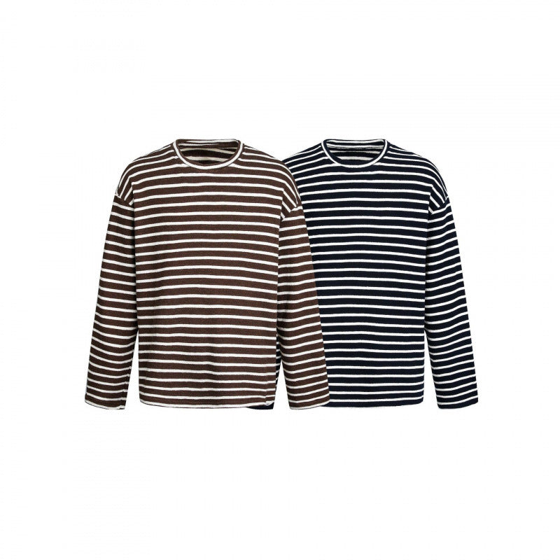 Unisex Maritime Striped Knit Shirt with Loose Fit and Round Neck Chichicherry
