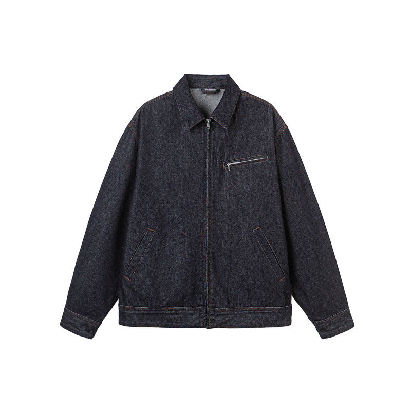 Men's Boxy Denim Jacket with Full Zip, Chest Zip Pocket and Shirt Collar Chichicherry