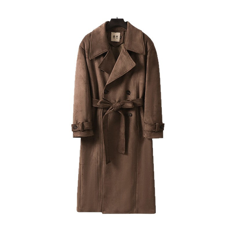 Men's double-breasted trench coat made of suede imitation with a waist belt and wide lapels Chichicherry