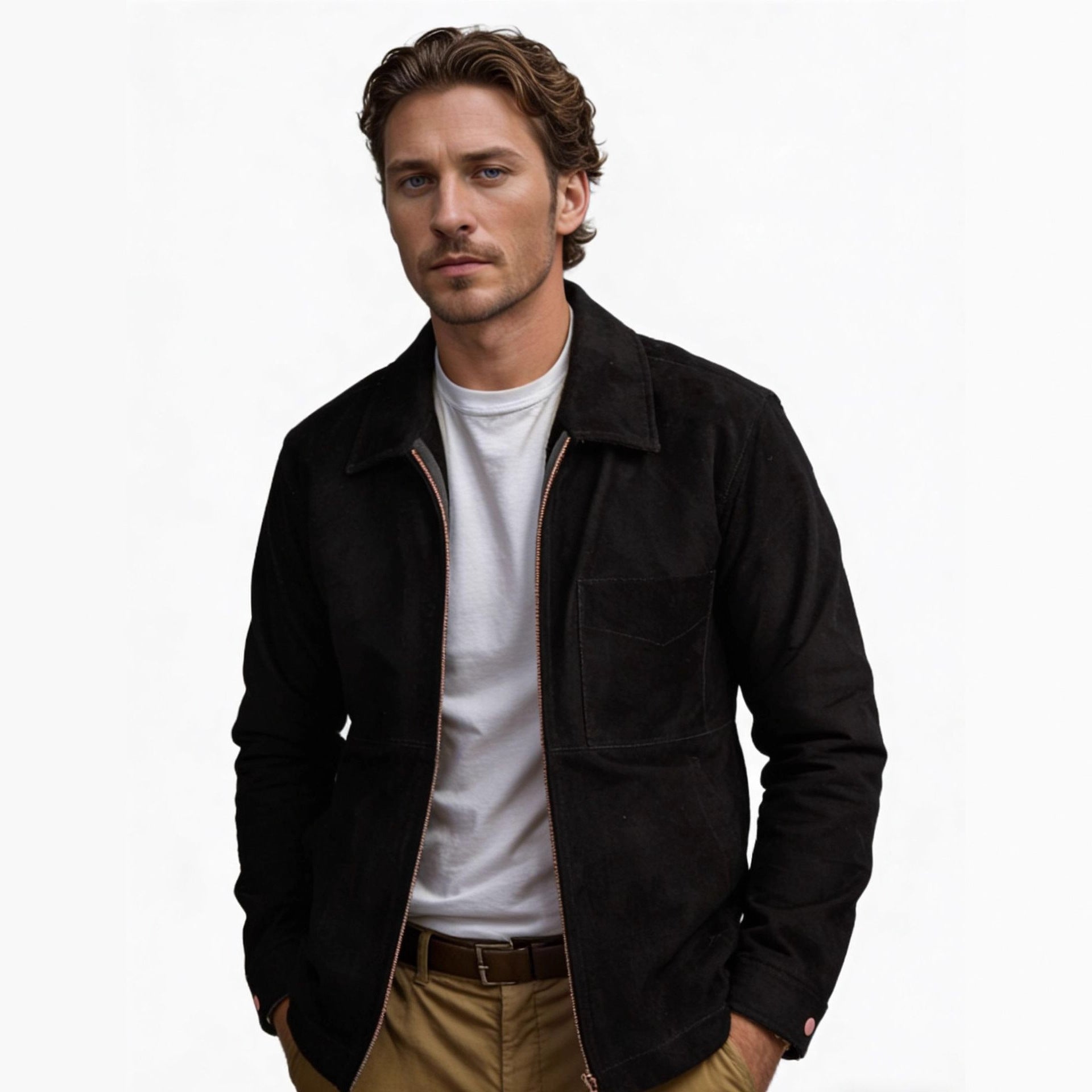 Herren Velourslederjacke mit Reißverschluss und Hemdkragen Chichicherry