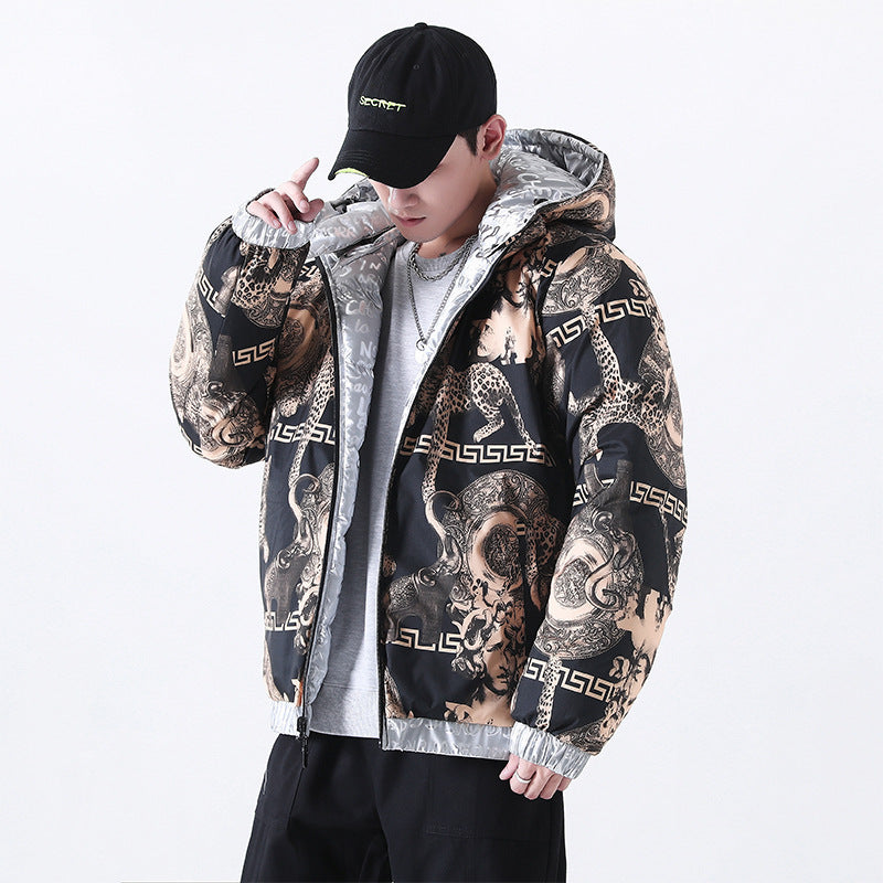 Men's Reflective Quilted Down-Look Jacket with Hood and Allover Print Chichicherry