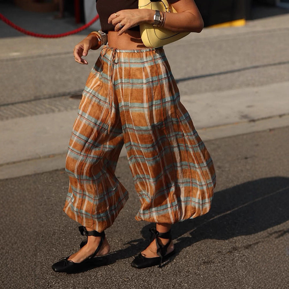 Women wide plaid harem pants with elastic waistband, drawstring & gathered ankle cuffs Chichicherry