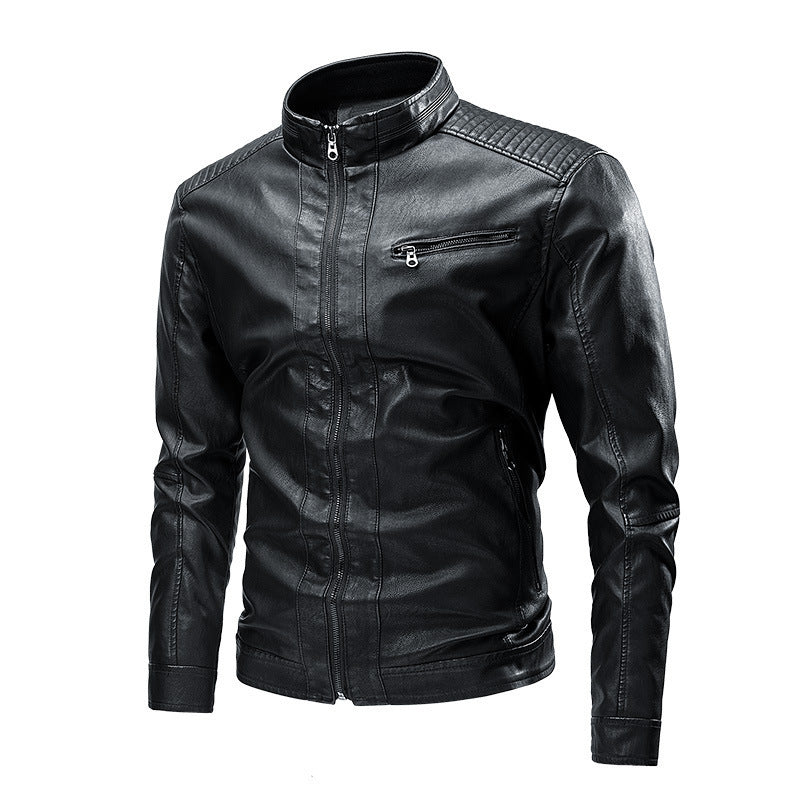Men's Faux Leather Moto Jacket with Stand Collar, Quilted Shoulder Yoke and Slim Silhouette Chichicherry
