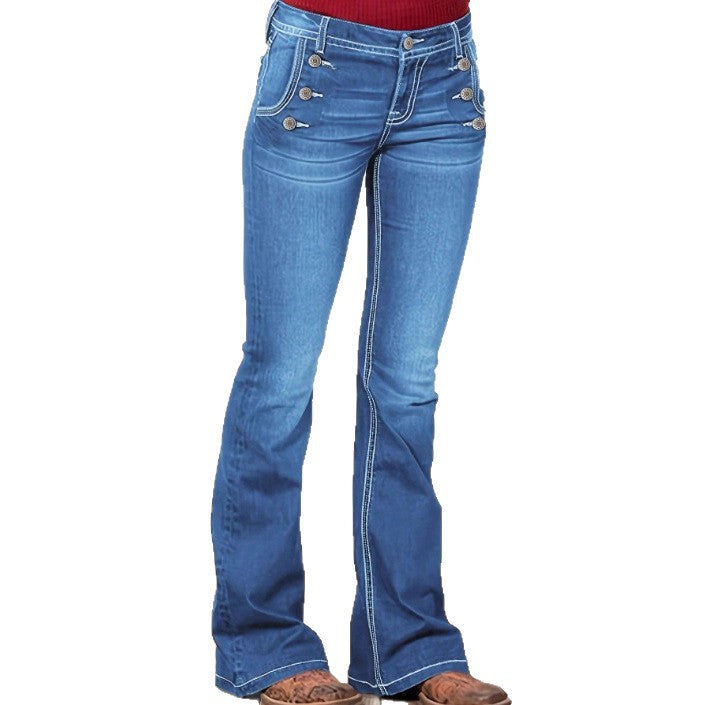 Women's High-Waist Denim Flare Jeans with Side Decorative Button Placket and Sculpting Fit Chichicherry