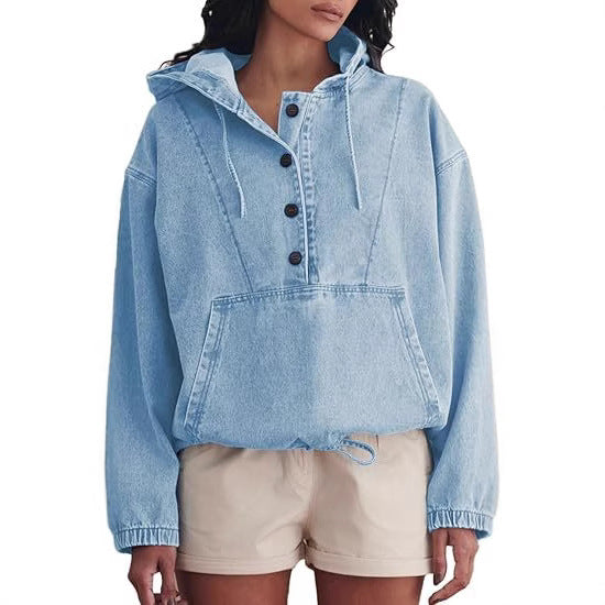 Women's Jeans Half Jacket with Hood, Kangaroo Pocket and Drawstring Chichicherry