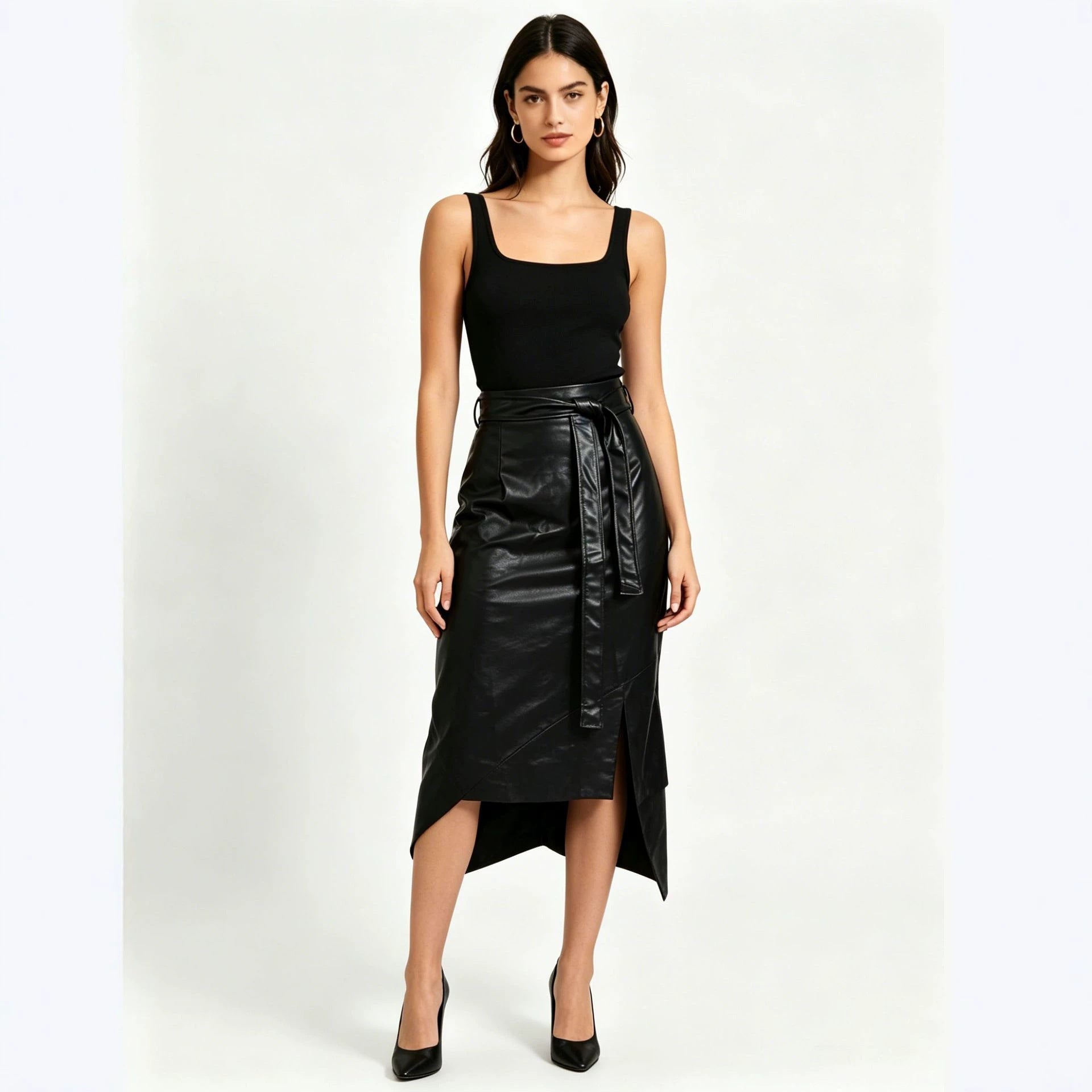 Women's Tailored Pencil Skirt in Faux Leather with Tie Belt Chichicherry