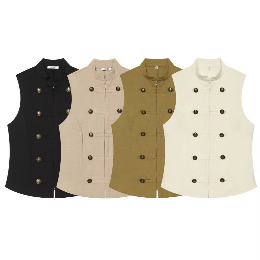 Women's fitted sleeveless military vest with stand-up collar and decorative button placket Chichicherry