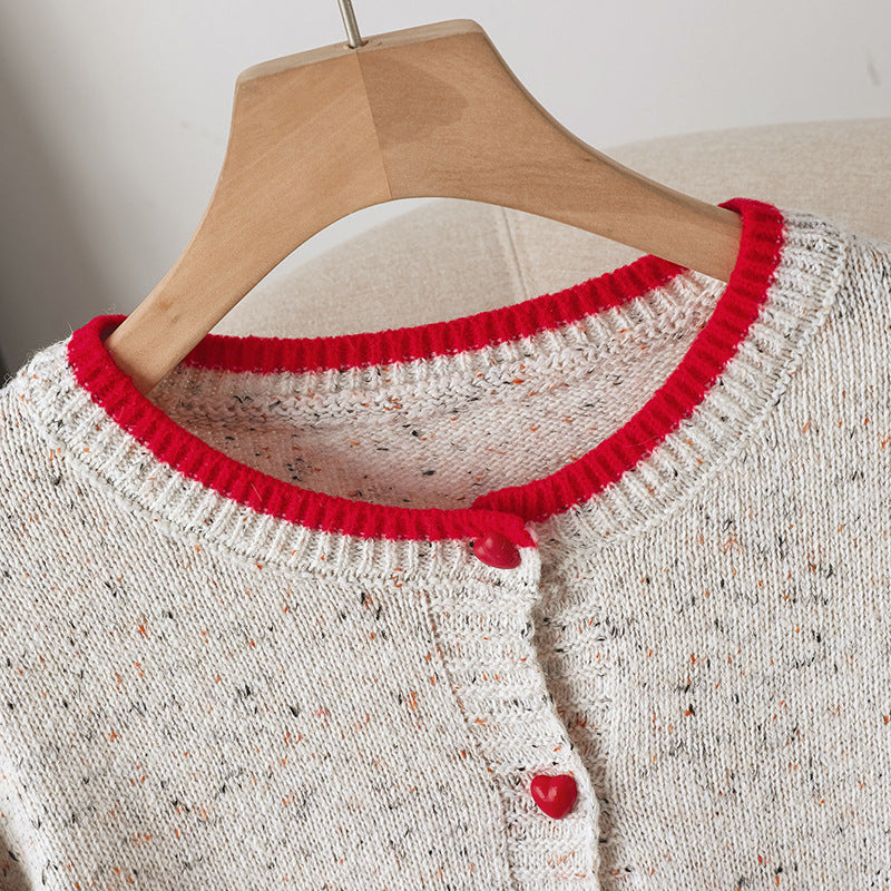 Women's Speckled Cardigan with Contrast Edges and Heart Buttons Chichicherry