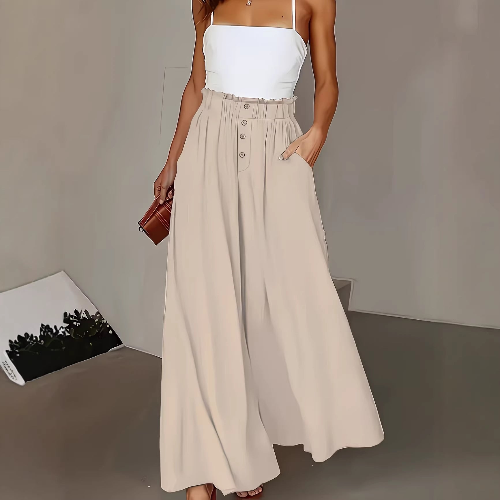 Women wide linen trousers with high, gathered waistband and button decoration Chichicherry