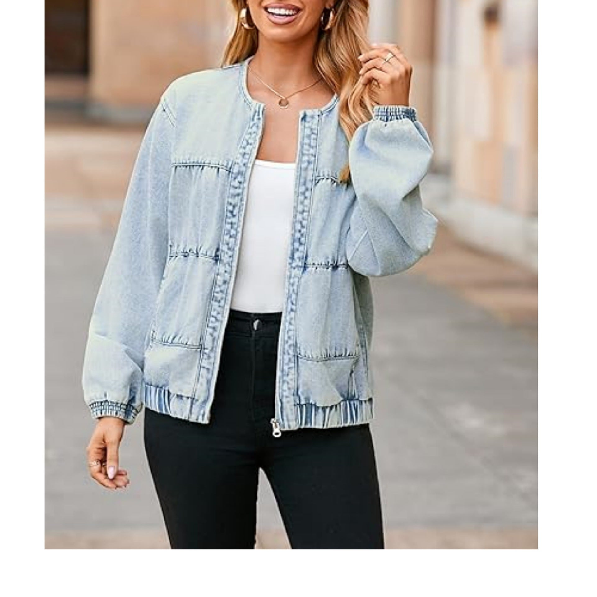 Women's bomber-style denim jacket with round neck, piping seams, and elastic hem Chichicherry