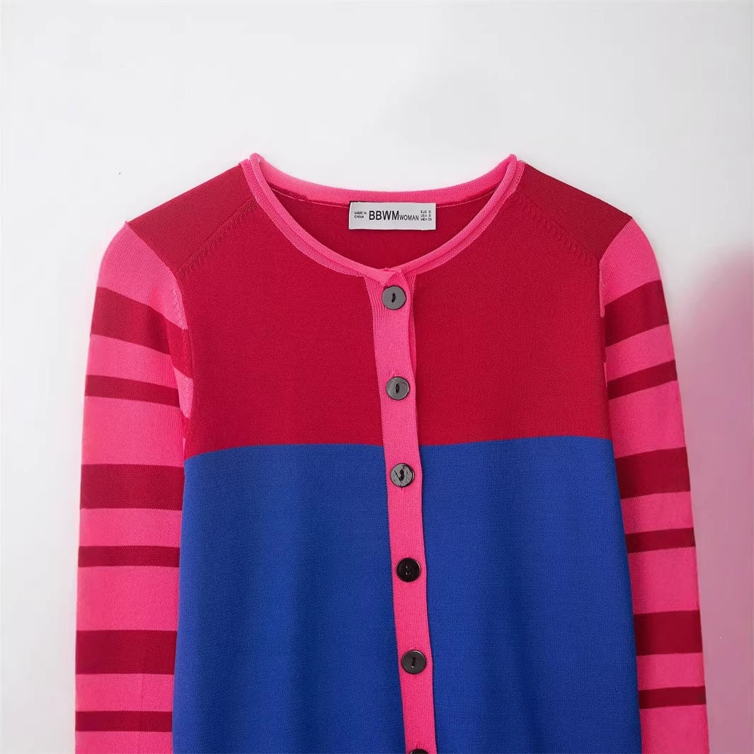 Women Cropped Cardigan with Color Block Design and Striped Sleeves Chichicherry