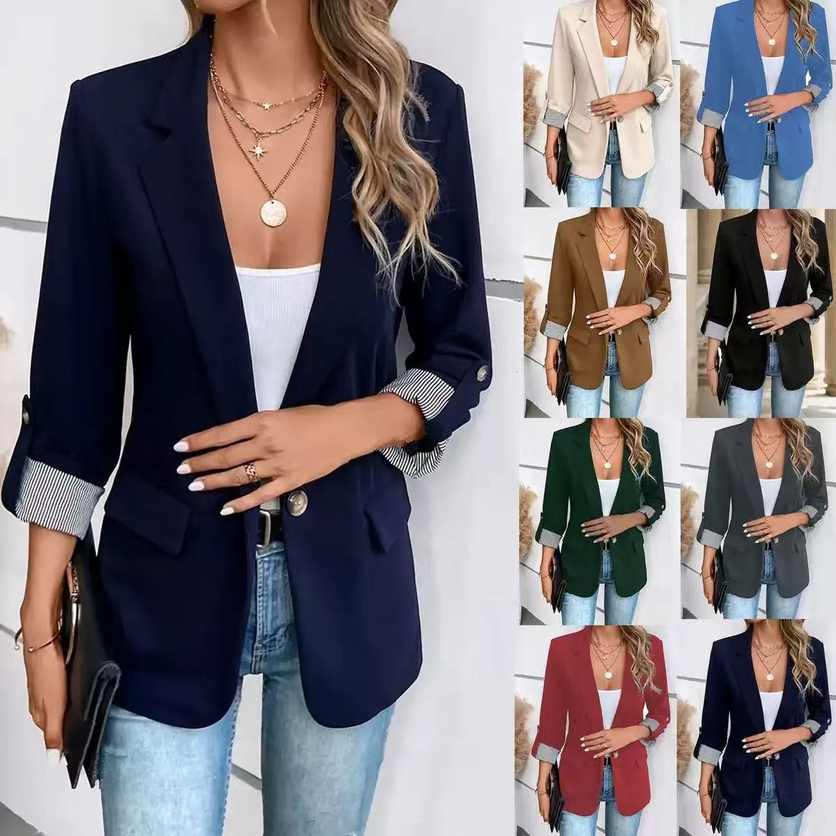 Ladies casual blazer with rolled-up sleeves and striped lining Chichicherry