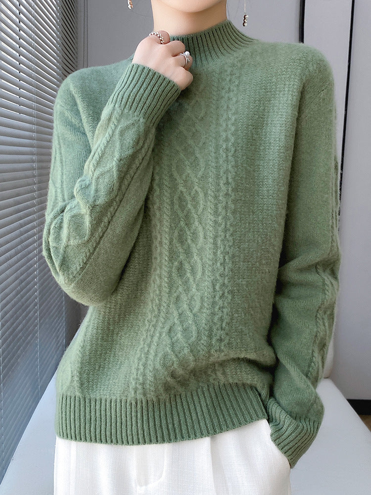 Women's Soft Cable Knit Mock Neck Sweater with Light Mohair Effect Chichicherry
