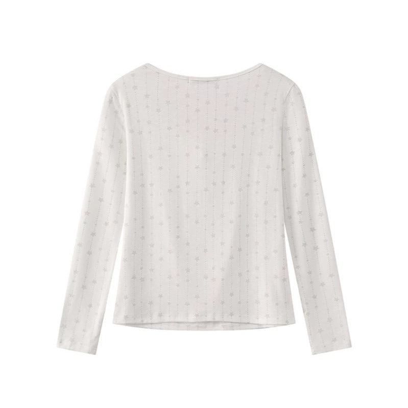 Women's long-sleeve shirt with lacing at the neckline, fine star jacquard, and heart emblem Chichicherry