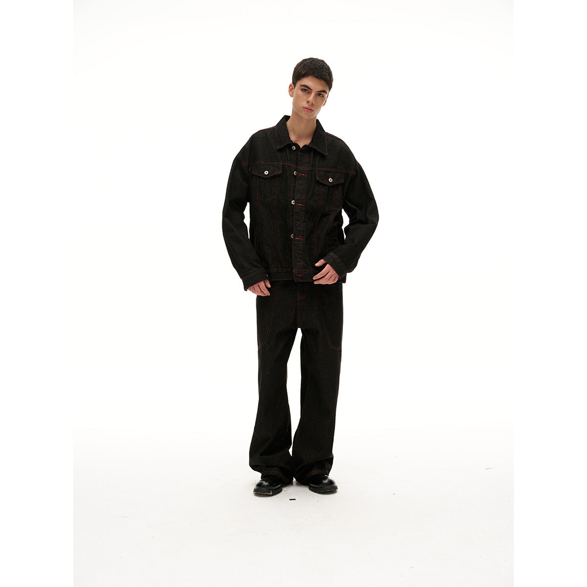 Men's Boxy Denim Jacket with Red Contrast Stitching and Metal Buttons Chichicherry