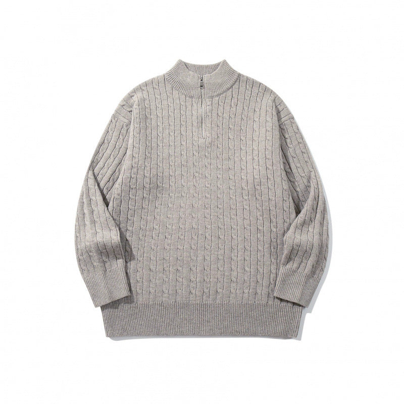 Unisex Oversize Braided Knit Half-Zip Sweater with Short Stand-Up Collar and Wide Ribbed Hem Chichicherry