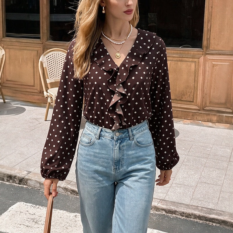 Women Polka Dot Ruffled Blouse with V-Neck, Long Sleeves and Elastic Cuffs Chichicherry