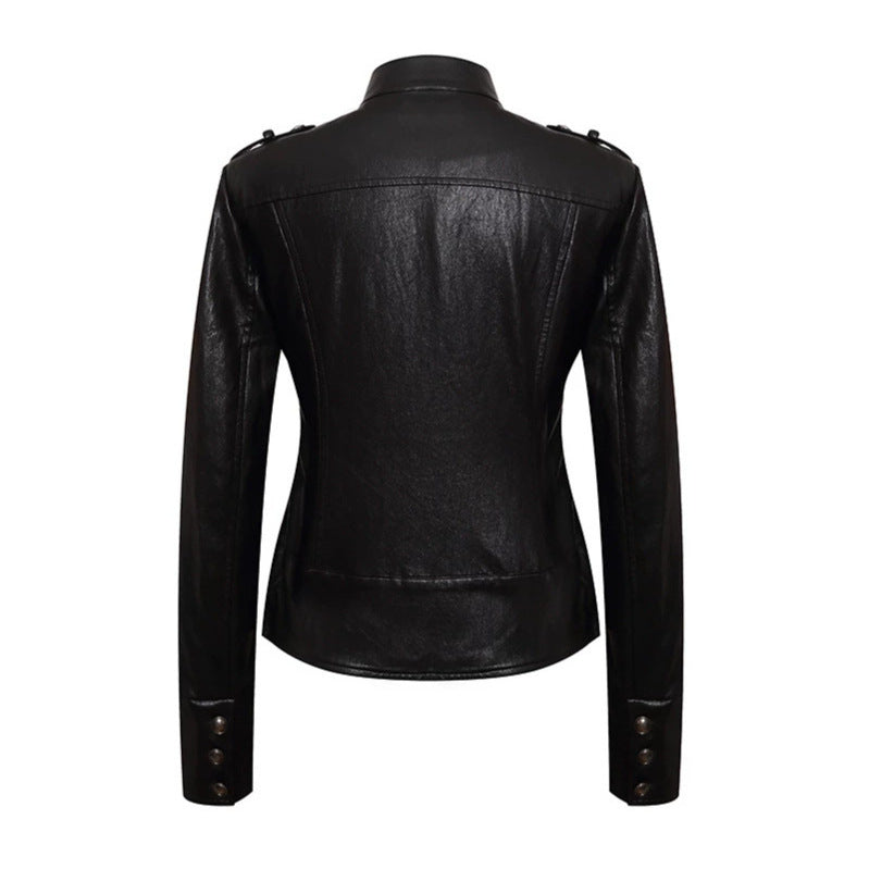 Women’s fitted leather jacket in military style with stand-up collar and decorative button placket Chichicherry