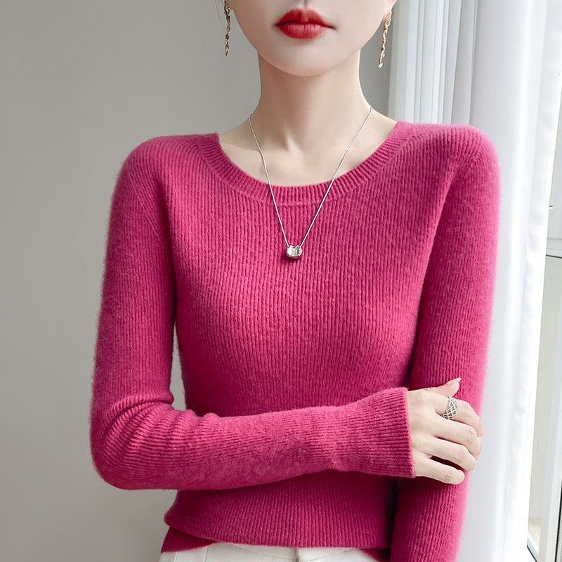 Women's Tailored Round Neck Sweater in Fine Ribbed Cashmere Look Chichicherry