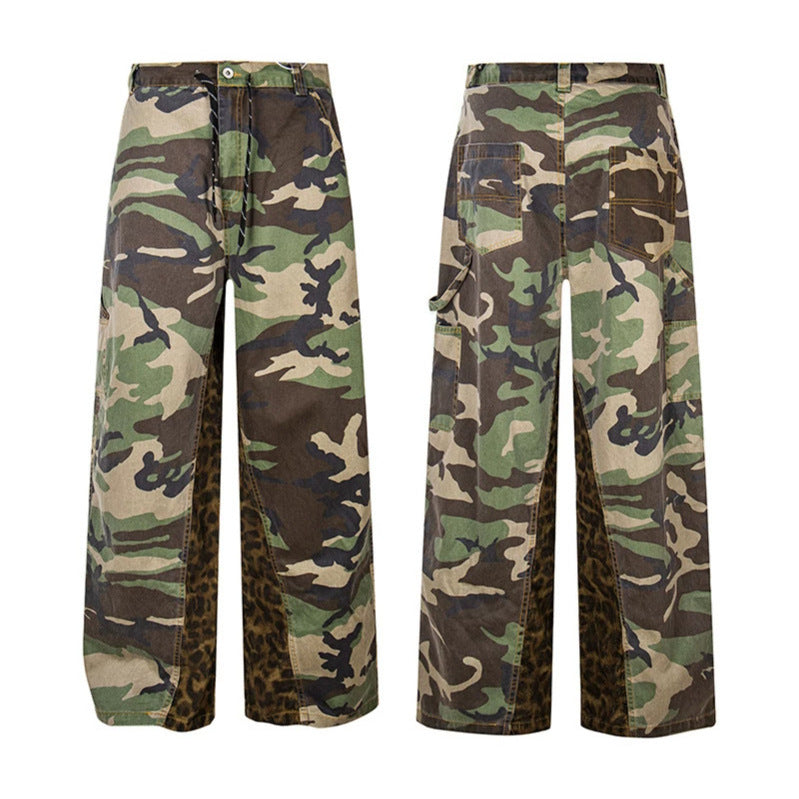 Ladies Wide Cargo Culotte Pants with Camouflage Print and Leopard Detail Chichicherry
