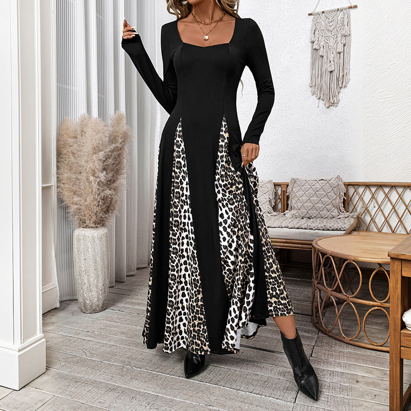 Women's maxi dress with panel look and contrasting leopard print inserts Chichicherry