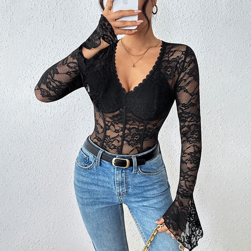 Ladies tailored lace corset body with V-neck, long trumpet sleeves and shaping underwires