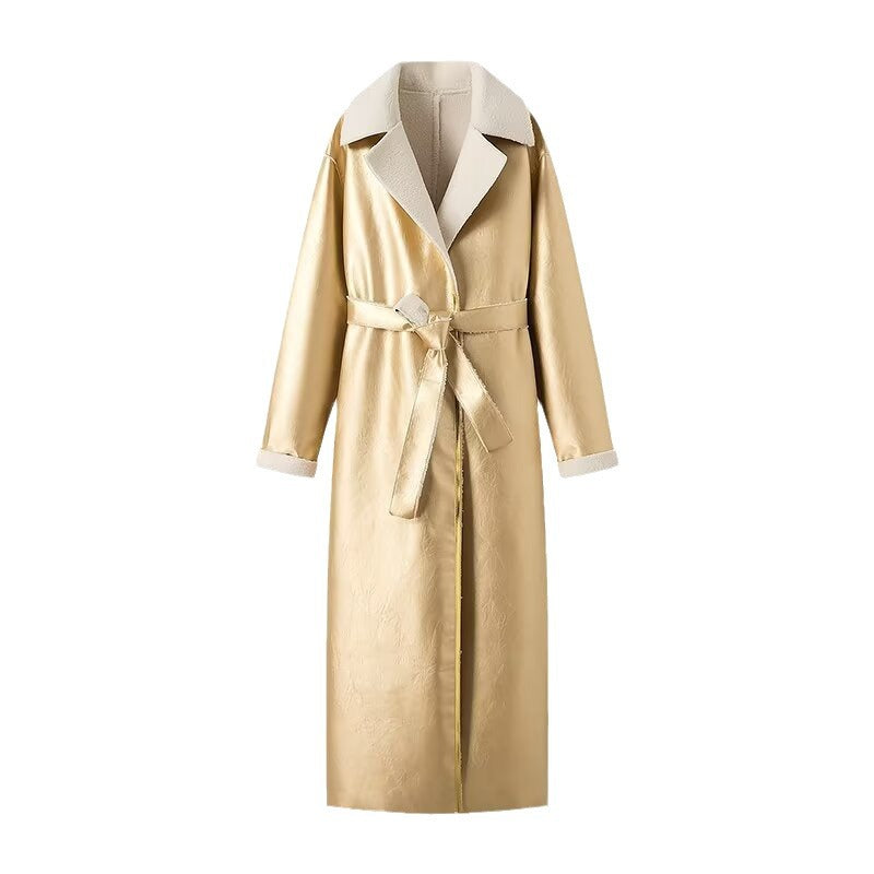 Women's longer vegan coat made of faux leather with teddy lining and tie belt Chichicherry