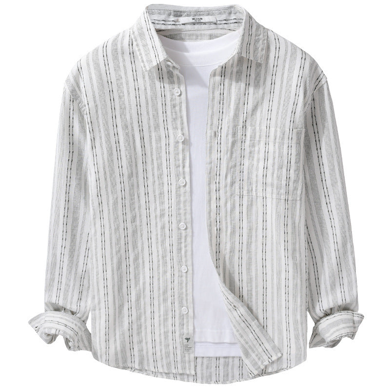 Men's Lightweight Linen-Cotton Shirt in Striped Relief with Kent Collar and Chest Pocket Chichicherry