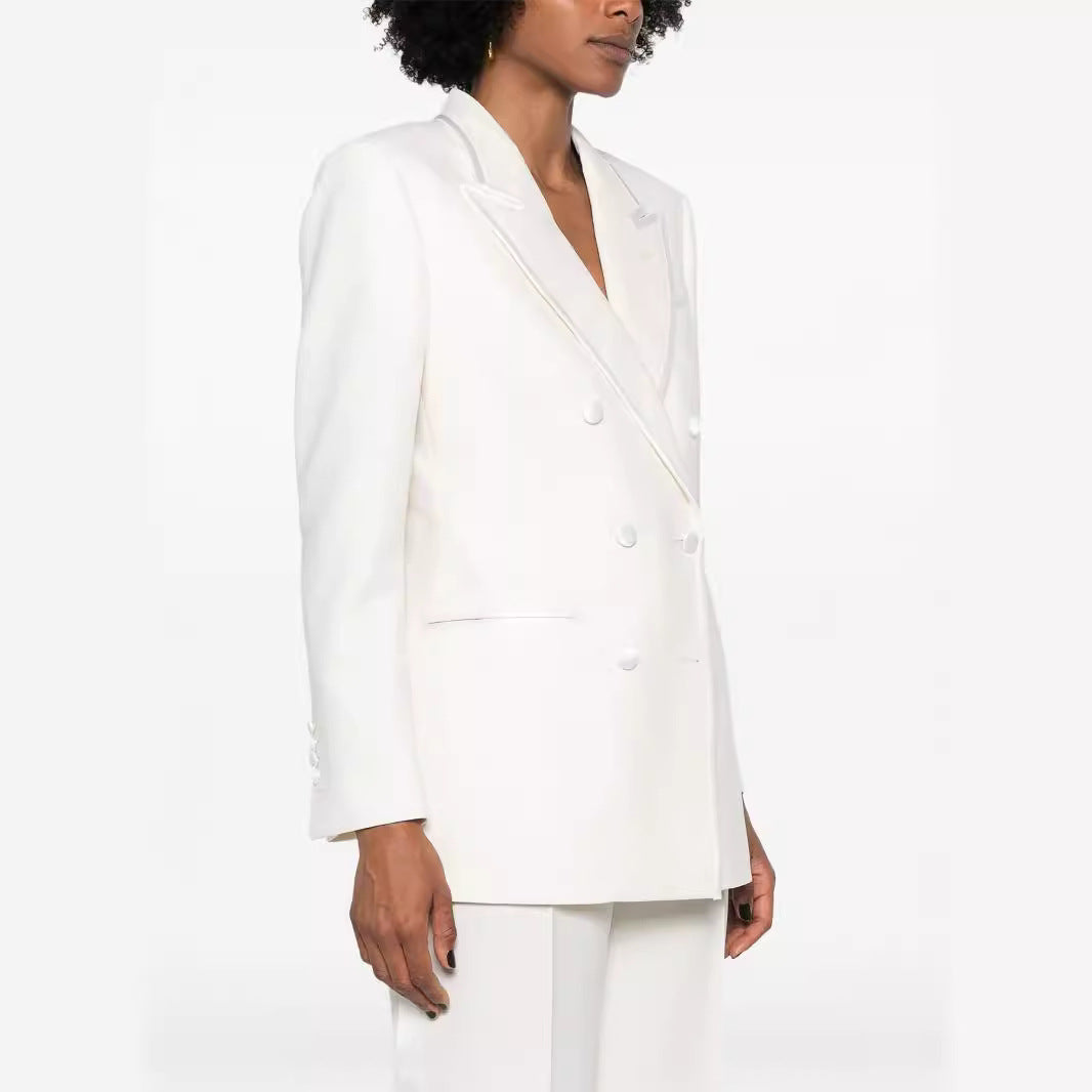 Women's Double-Breasted Long Blazer Pantsuit with Marlene Wide Leg Pants and Slim Silhouette Chichicherry