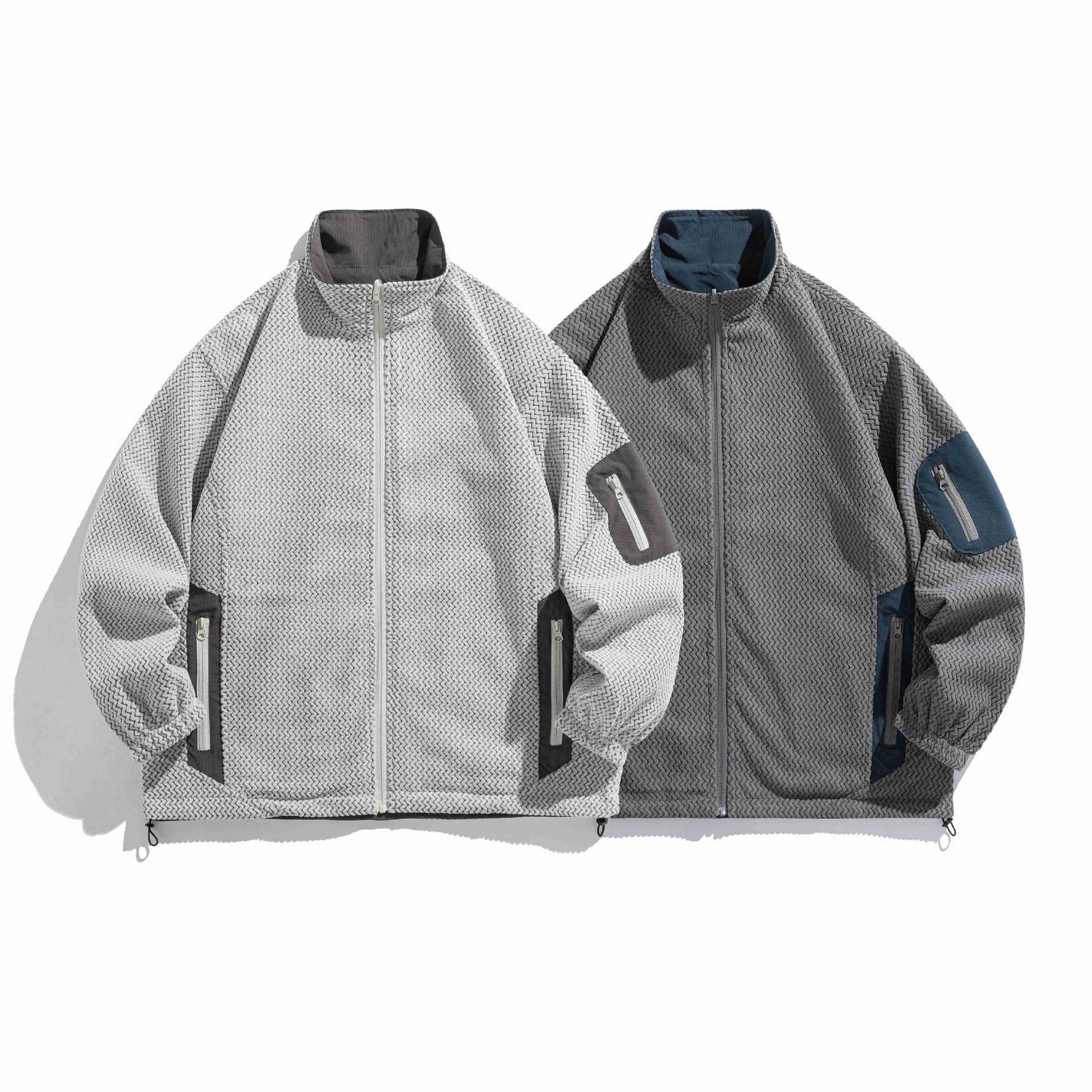 Unisex structure fleece jacket with high stand-up collar, zip pockets and drawstring hem Chichicherry
