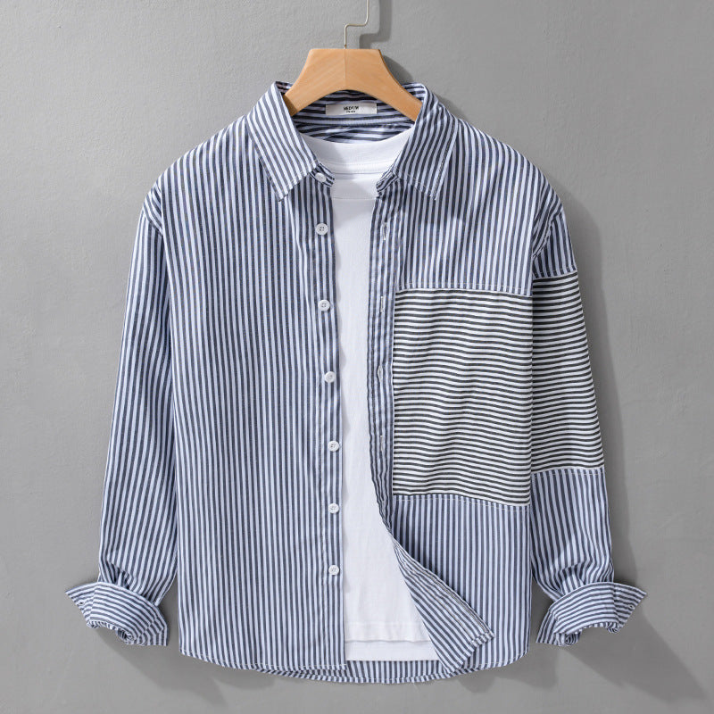 Men's Striped Patchwork Shirt with Chest Patch and Relaxed Fit Chichicherry