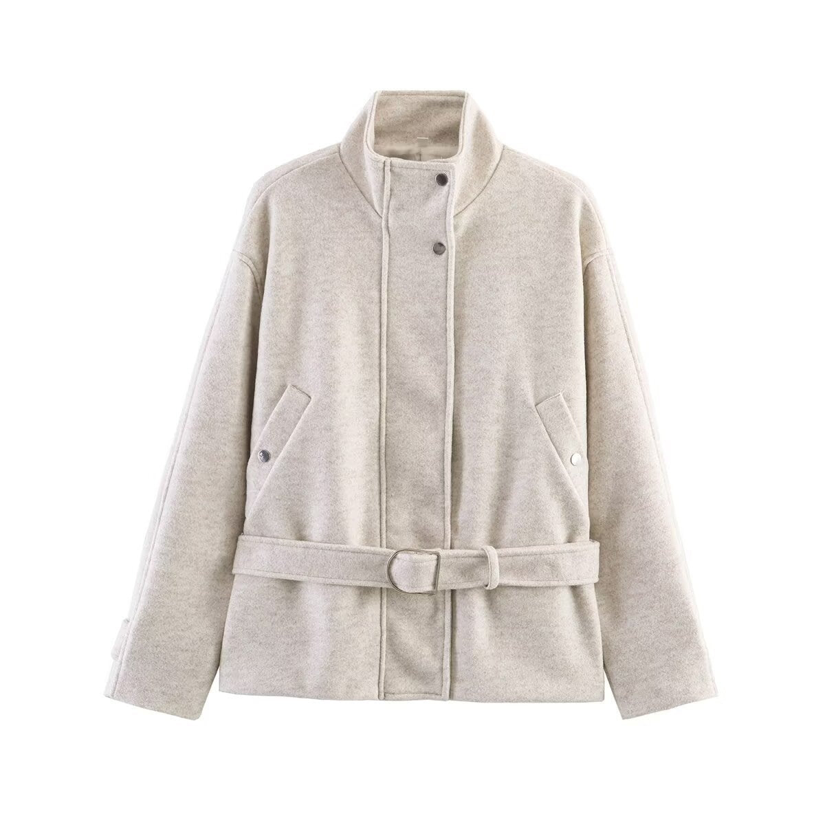 Women's Boxy Wool Jacket with Stand-Up Collar, Concealed Snap Button Placket and D-Ring Waist Belt Chichicherry